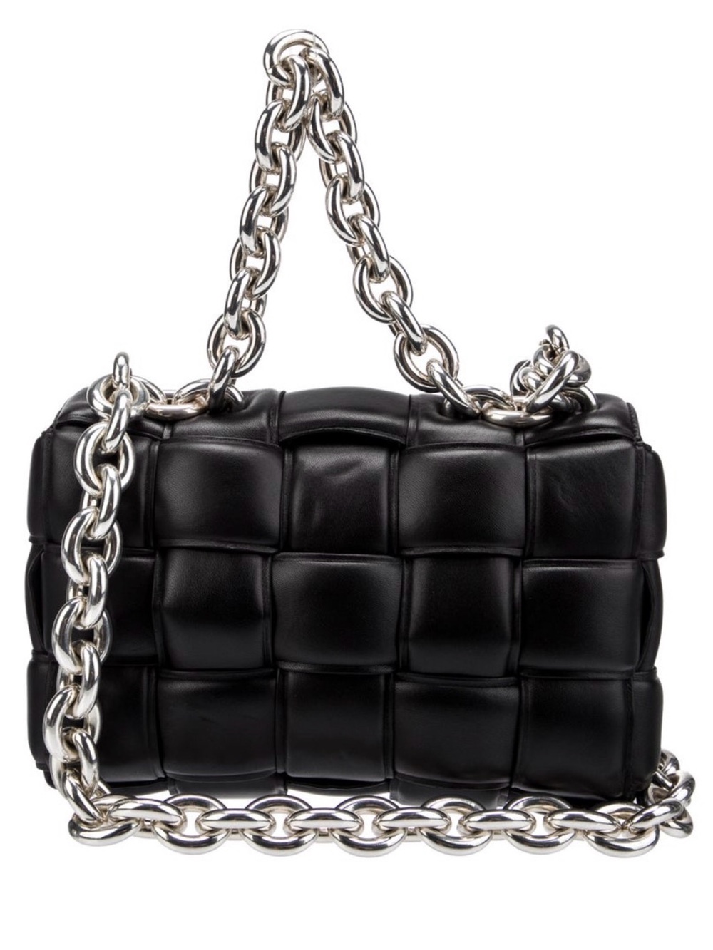 Bottega Veneta Black Padded Cassette Shoulder Bag with Silver Chain
